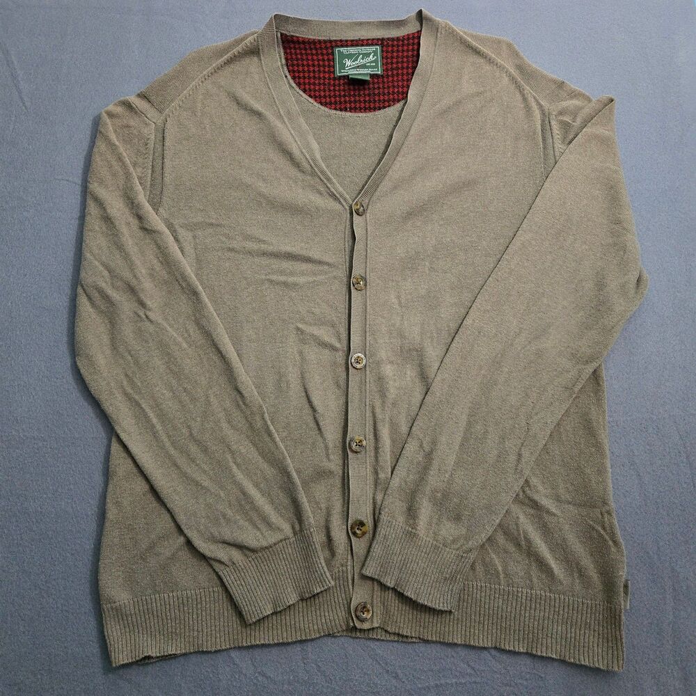 Woolrich Men L Green Button Up Wool Blend Cardigan Sweater Lightweight Rib Hem